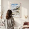 Framed Olympic National Park Rialto Beach Watercolor Wall Art - In Living Room with Woman Looking at it - Portrait