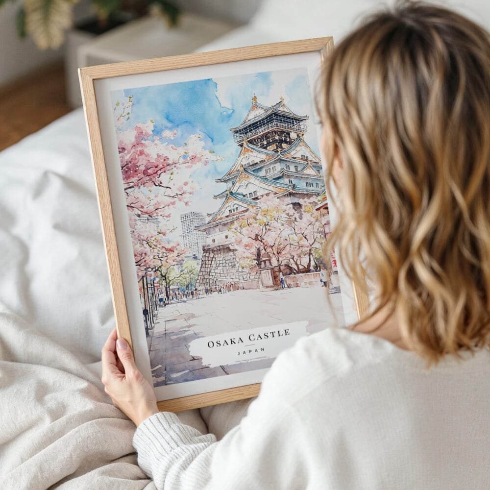 Framed Osaka Castle Watercolor Wall Art - Woman Holding - Portrait Framed Osaka Castle Watercolor Wall Art - Woman Holding - Portrait