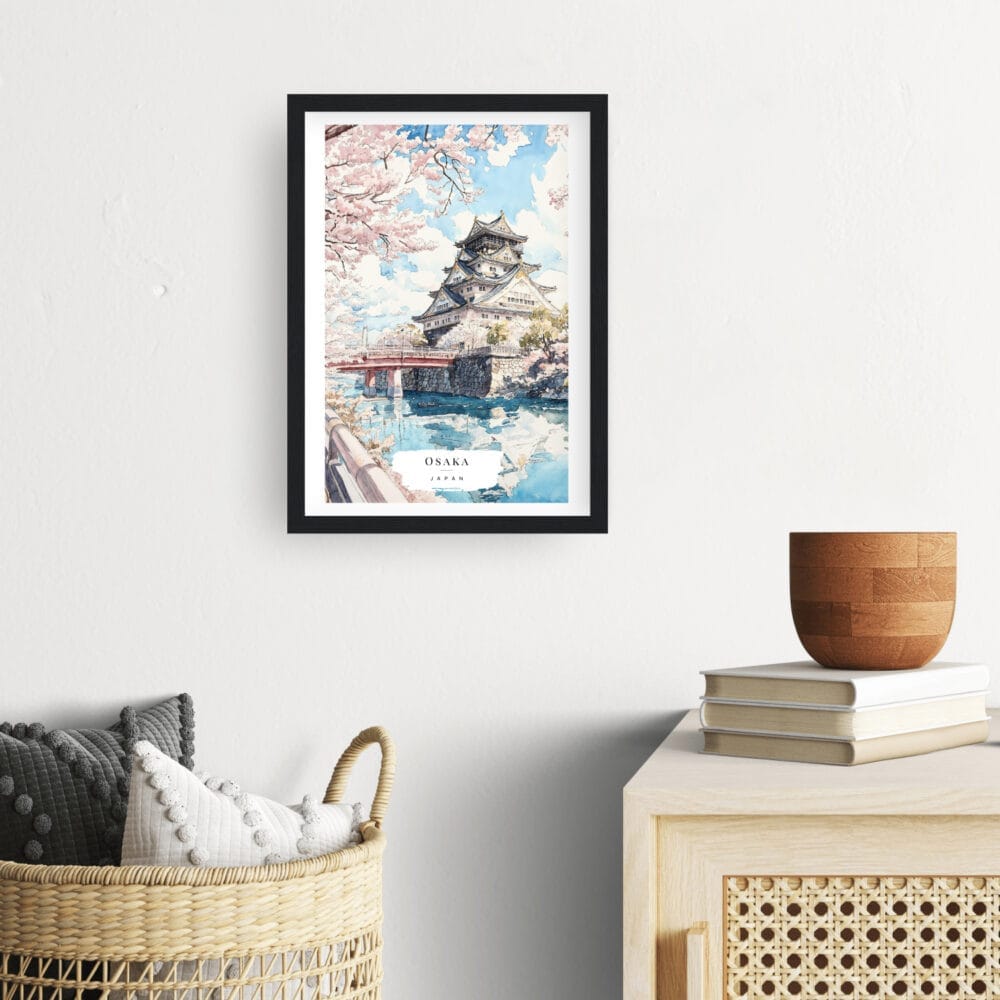 Framed Osaka Japan Watercolor Wall Art - Hallway - Portrait Framed Osaka Japan Watercolor Wall Art - Hallway - Portrait