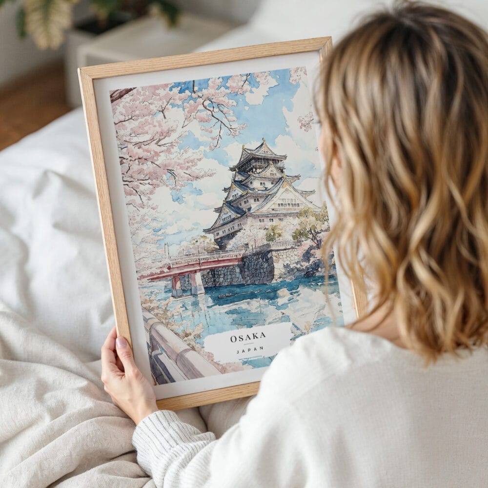 Framed Osaka Japan Watercolor Wall Art - Woman Holding - Portrait Framed Osaka Japan Watercolor Wall Art - Woman Holding - Portrait