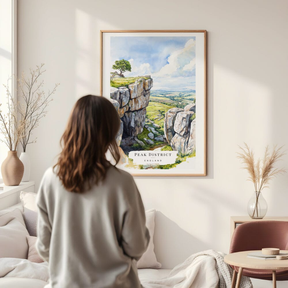 Framed Peak District England Watercolor Wall Art - In Living Room with Woman Looking at it - Portrait Framed Peak District England Watercolor Wall Art - In Living Room with Woman Looking at it - Portrait