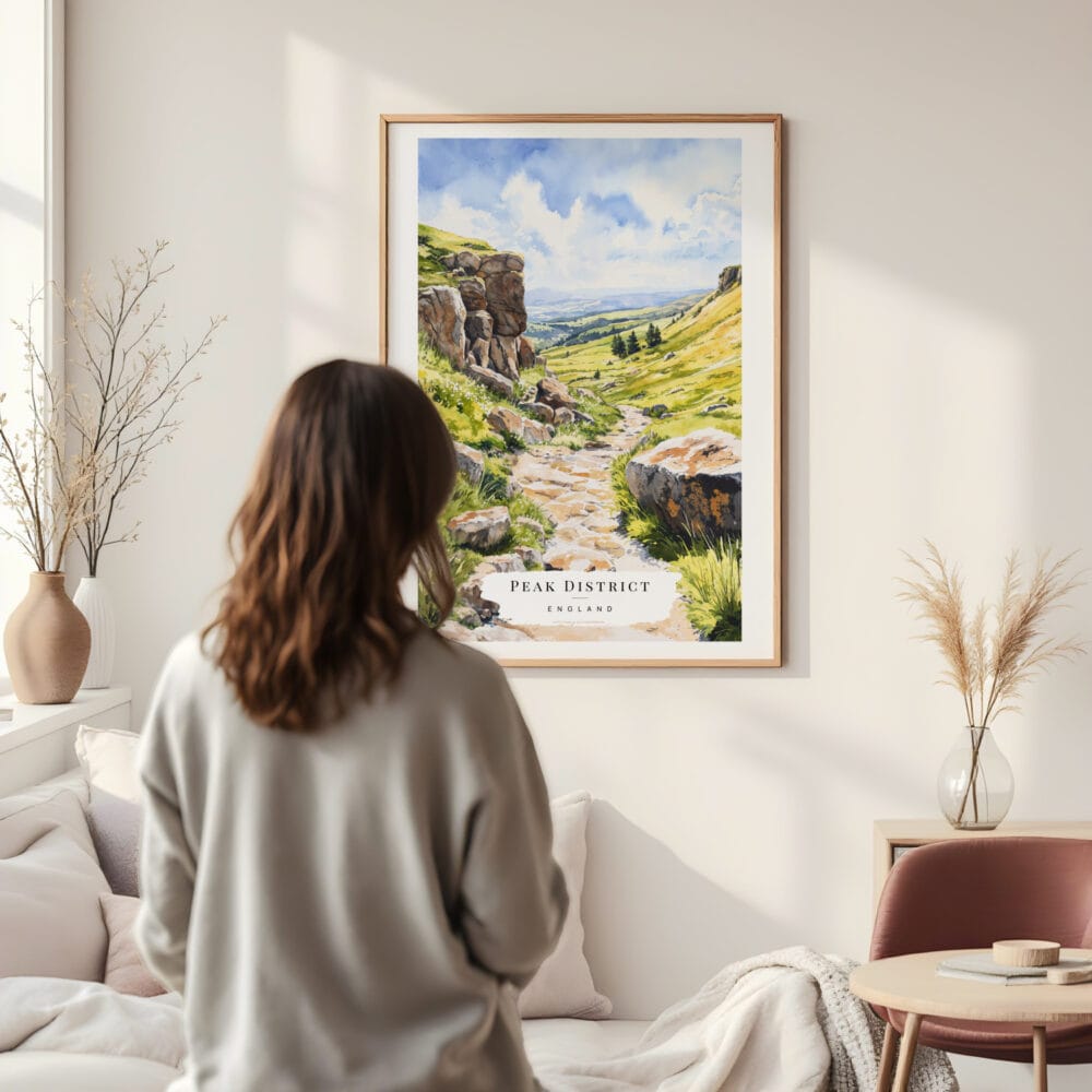 Framed Peak District Watercolor Wall Art - In Living Room with Woman Looking at it - Portrait Framed Peak District Watercolor Wall Art - In Living Room with Woman Looking at it - Portrait