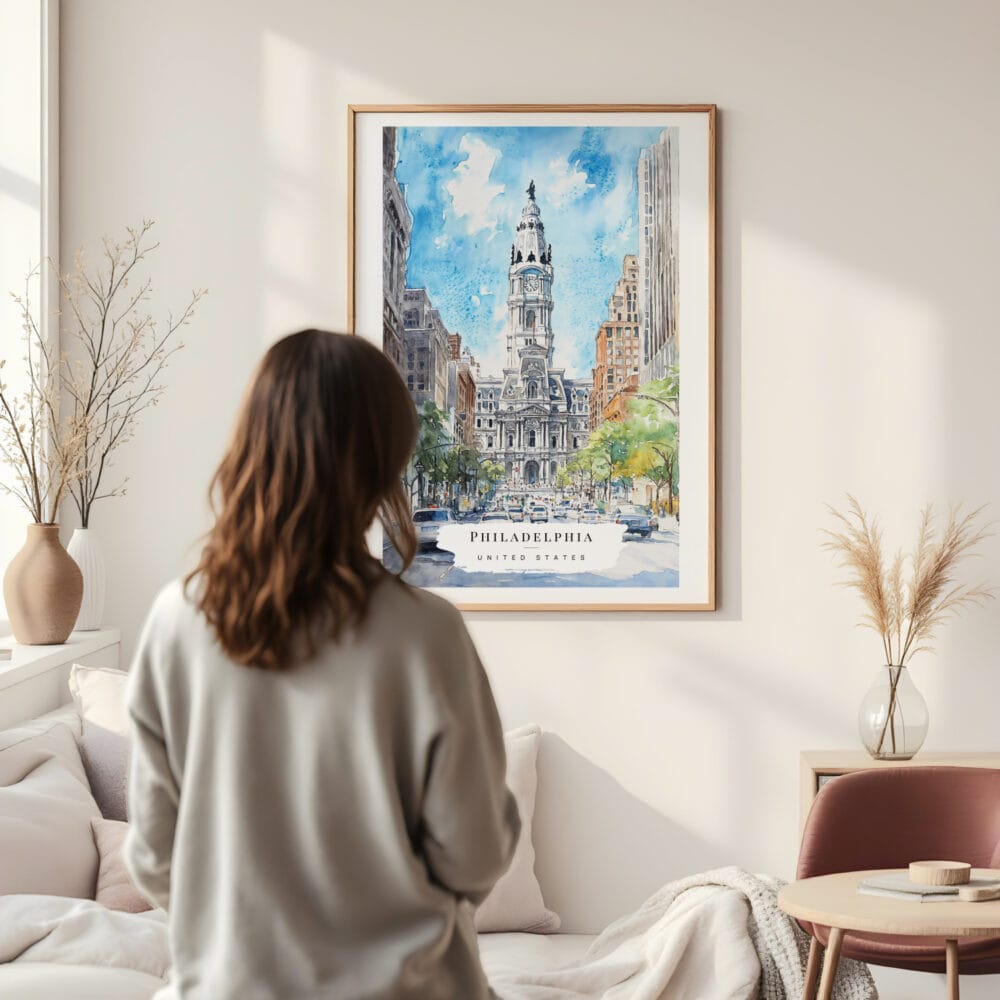 Framed Philadelphia City Hall Watercolor Wall Art - In Living Room with Woman Looking at it - Portrait Framed Philadelphia City Hall Watercolor Wall Art - In Living Room with Woman Looking at it - Portrait