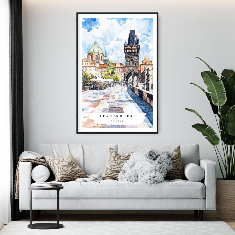Framed Prague Charles Bridge Watch Tower Watercolor Wall Art - Living Room - Portrait Framed Prague Charles Bridge Watch Tower Watercolor Wall Art - Living Room - Portrait