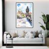 Framed Prague Charles Bridge Watch Tower Watercolor Wall Art - Living Room - Portrait