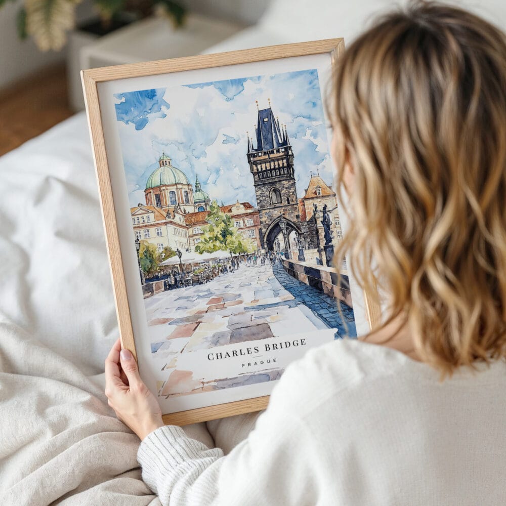 Framed Prague Charles Bridge Watch Tower Watercolor Wall Art - Woman Holding - Portrait Framed Prague Charles Bridge Watch Tower Watercolor Wall Art - Woman Holding - Portrait