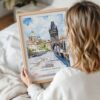 Framed Prague Charles Bridge Watch Tower Watercolor Wall Art - Woman Holding - Portrait