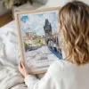 Framed Prague Charles Bridge Watch Tower Watercolor Wall Art - Woman Holding - Portrait