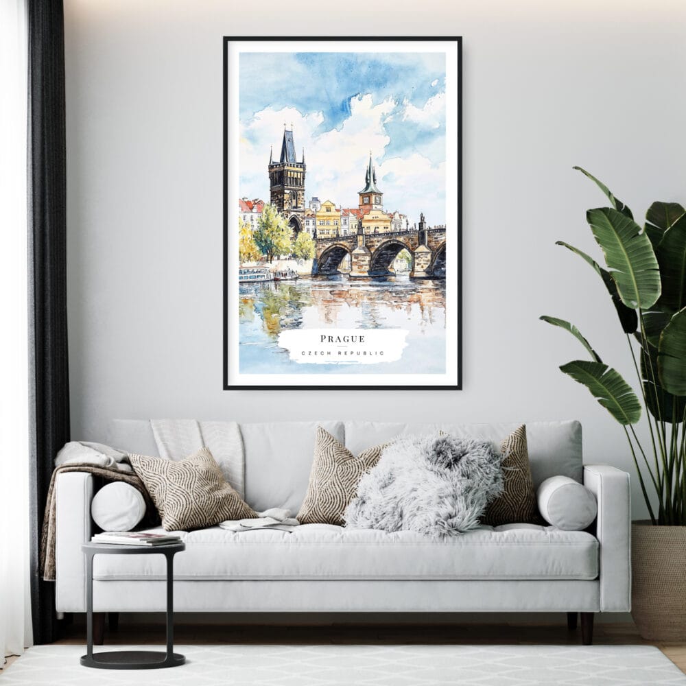 Framed Prague Charles Bridge Watercolor Wall Art - Living Room - Portrait Framed Prague Charles Bridge Watercolor Wall Art - Living Room - Portrait