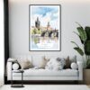 Framed Prague Charles Bridge Watercolor Wall Art - Living Room - Portrait