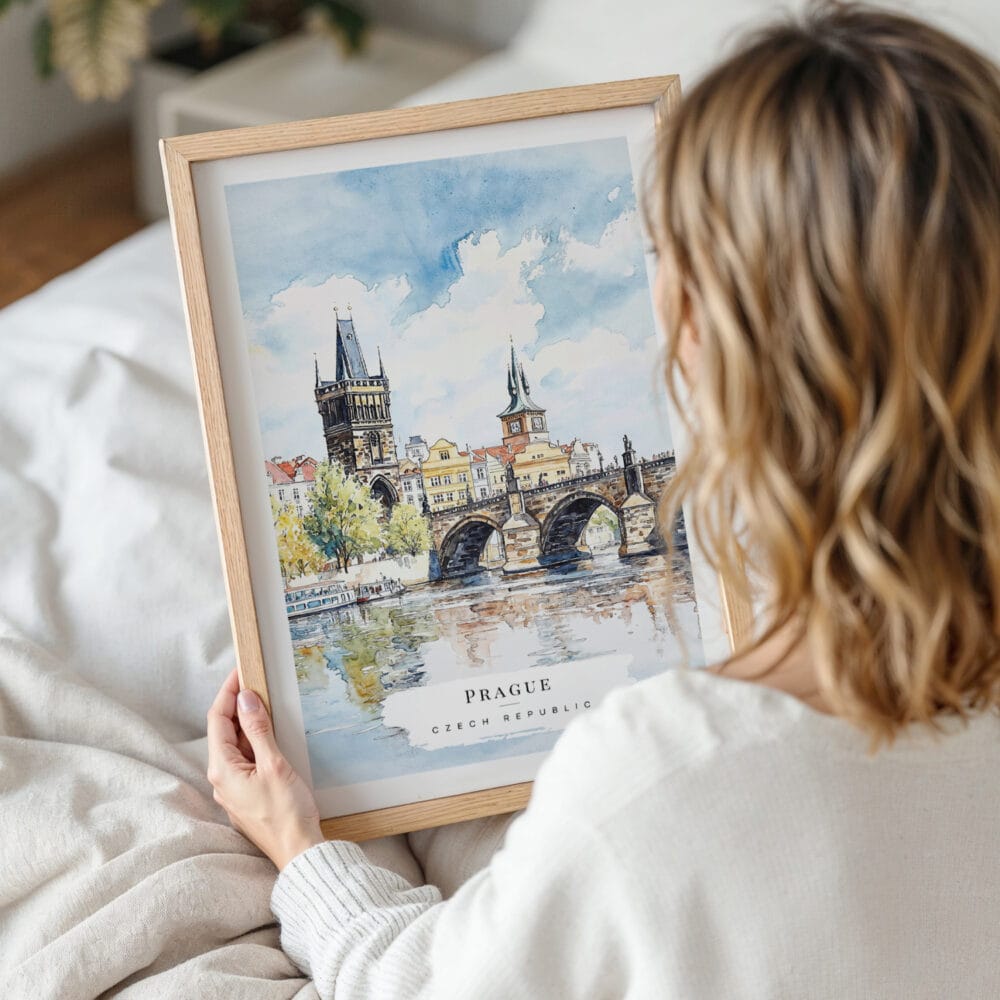 Framed Prague Charles Bridge Watercolor Wall Art - Woman Holding - Portrait Framed Prague Charles Bridge Watercolor Wall Art - Woman Holding - Portrait