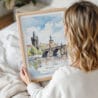 Framed Prague Charles Bridge Watercolor Wall Art - Woman Holding - Portrait