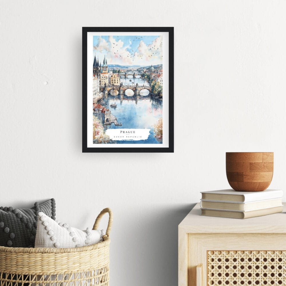 Framed Prague Skyline Watercolor Wall Art - Hallway - Portrait Framed Prague Skyline Watercolor Wall Art - Hallway - Portrait