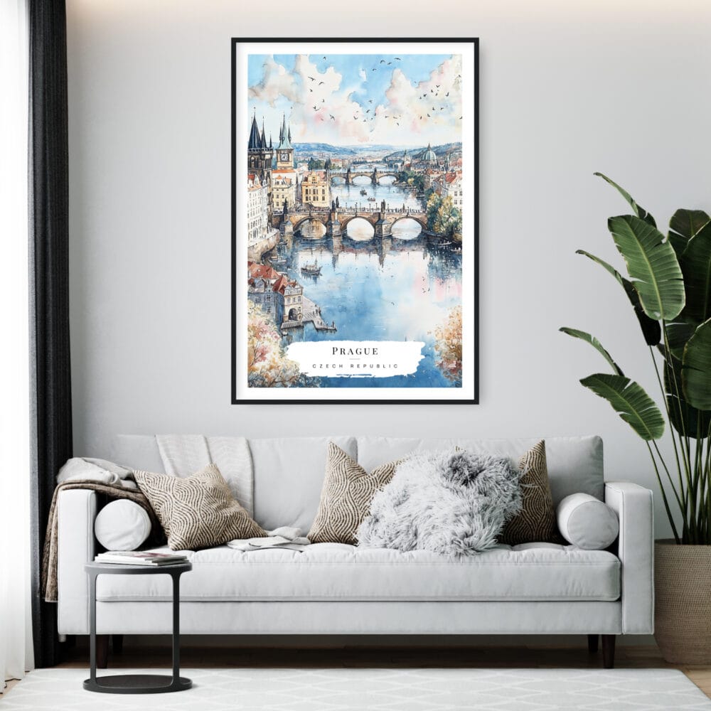 Framed Prague Skyline Watercolor Wall Art - Living Room - Portrait Framed Prague Skyline Watercolor Wall Art - Living Room - Portrait