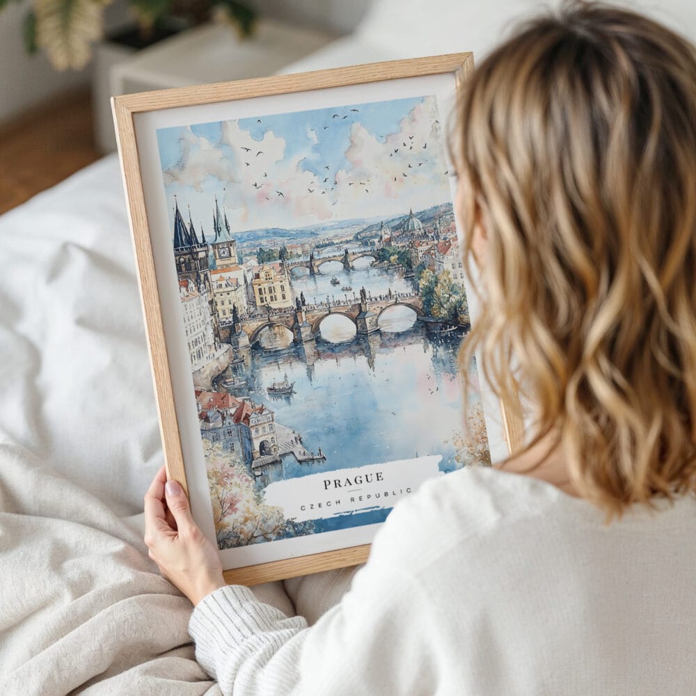 Framed Prague Skyline Watercolor Wall Art - Woman Holding - Portrait Framed Prague Skyline Watercolor Wall Art - Woman Holding - Portrait