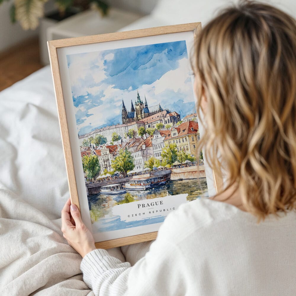 Framed Prague St Vitus Cathedral Watercolor Wall Art - Woman Holding - Portrait Framed Prague St Vitus Cathedral Watercolor Wall Art - Woman Holding - Portrait