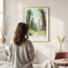 Framed Redwood California National Park Watercolor Wall Art - In Living Room with Woman Looking at it - Portrait
