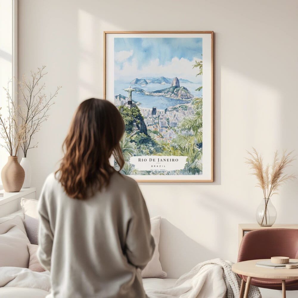 Framed Rio De Janeiro Watercolor Wall Art - In Living Room with Woman Looking at it - Portrait Framed Rio De Janeiro Watercolor Wall Art - In Living Room with Woman Looking at it - Portrait