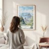 Framed Rio De Janeiro Watercolor Wall Art - In Living Room with Woman Looking at it - Portrait