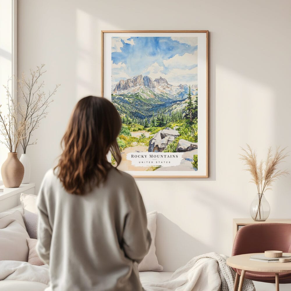 Framed Rocky Mountains Watercolor Wall Art - In Living Room with Woman Looking at it - Portrait Framed Rocky Mountains Watercolor Wall Art - In Living Room with Woman Looking at it - Portrait