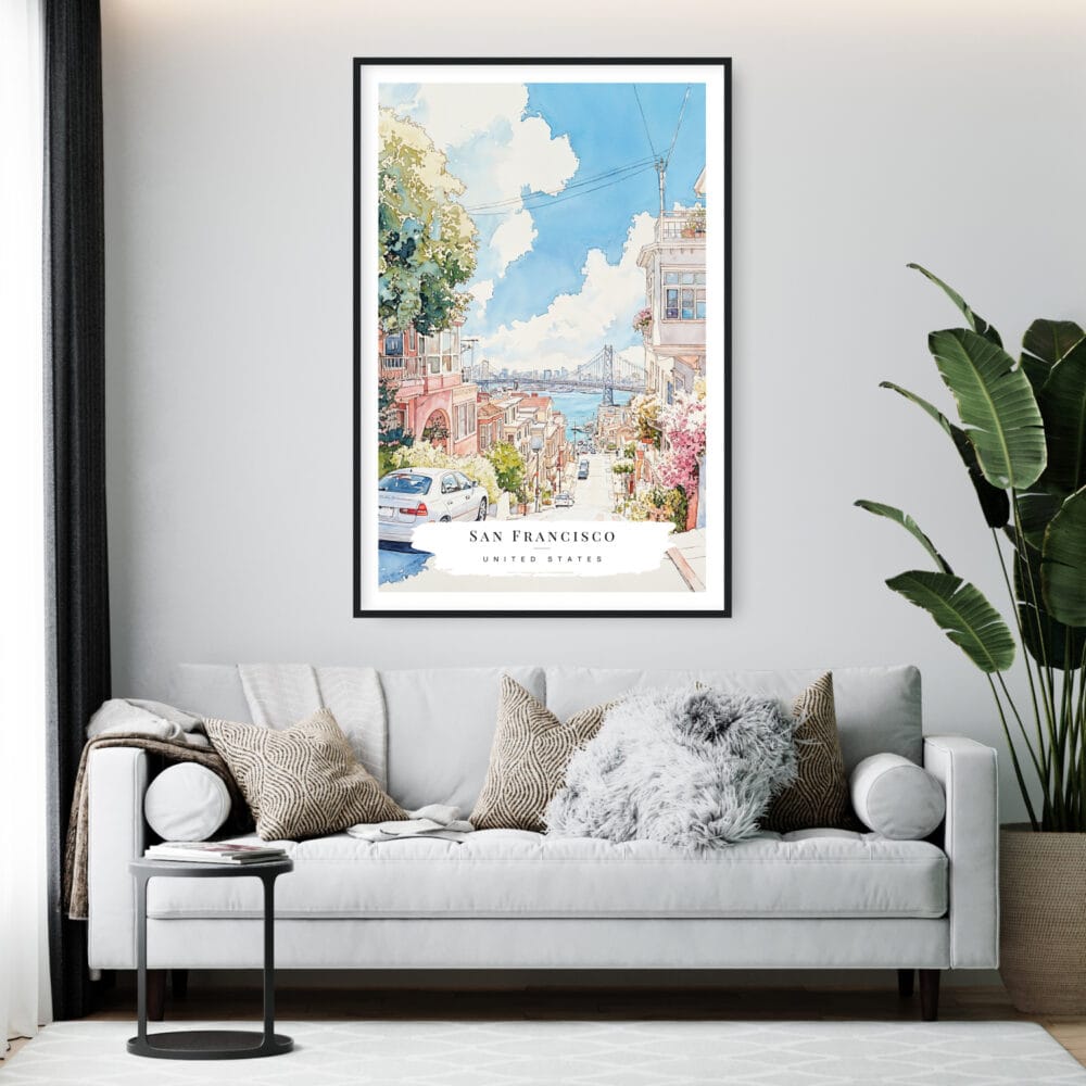 Framed San Francisco Lombard Street Watercolor Wall Art - Living Room - Portrait Framed San Francisco Lombard Street Watercolor Wall Art - Living Room - Portrait