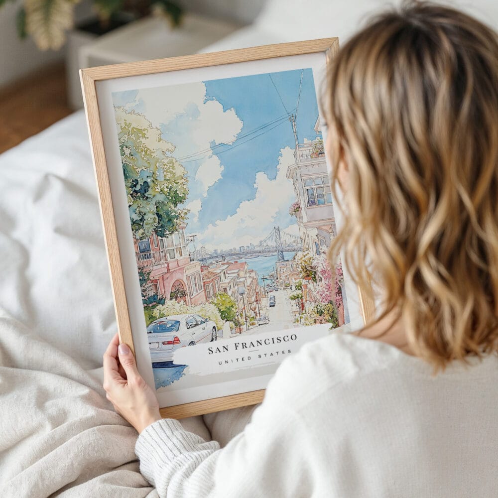 Framed San Francisco Lombard Street Watercolor Wall Art - Woman Holding - Portrait Framed San Francisco Lombard Street Watercolor Wall Art - Woman Holding - Portrait