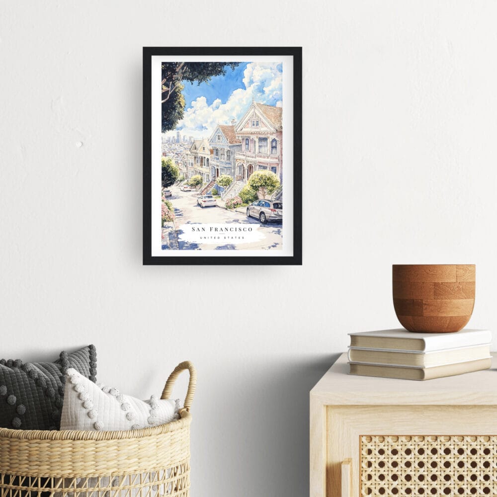 Framed San Francisco Painted Ladies Watercolor Wall Art - Hallway - Portrait Framed San Francisco Painted Ladies Watercolor Wall Art - Hallway - Portrait