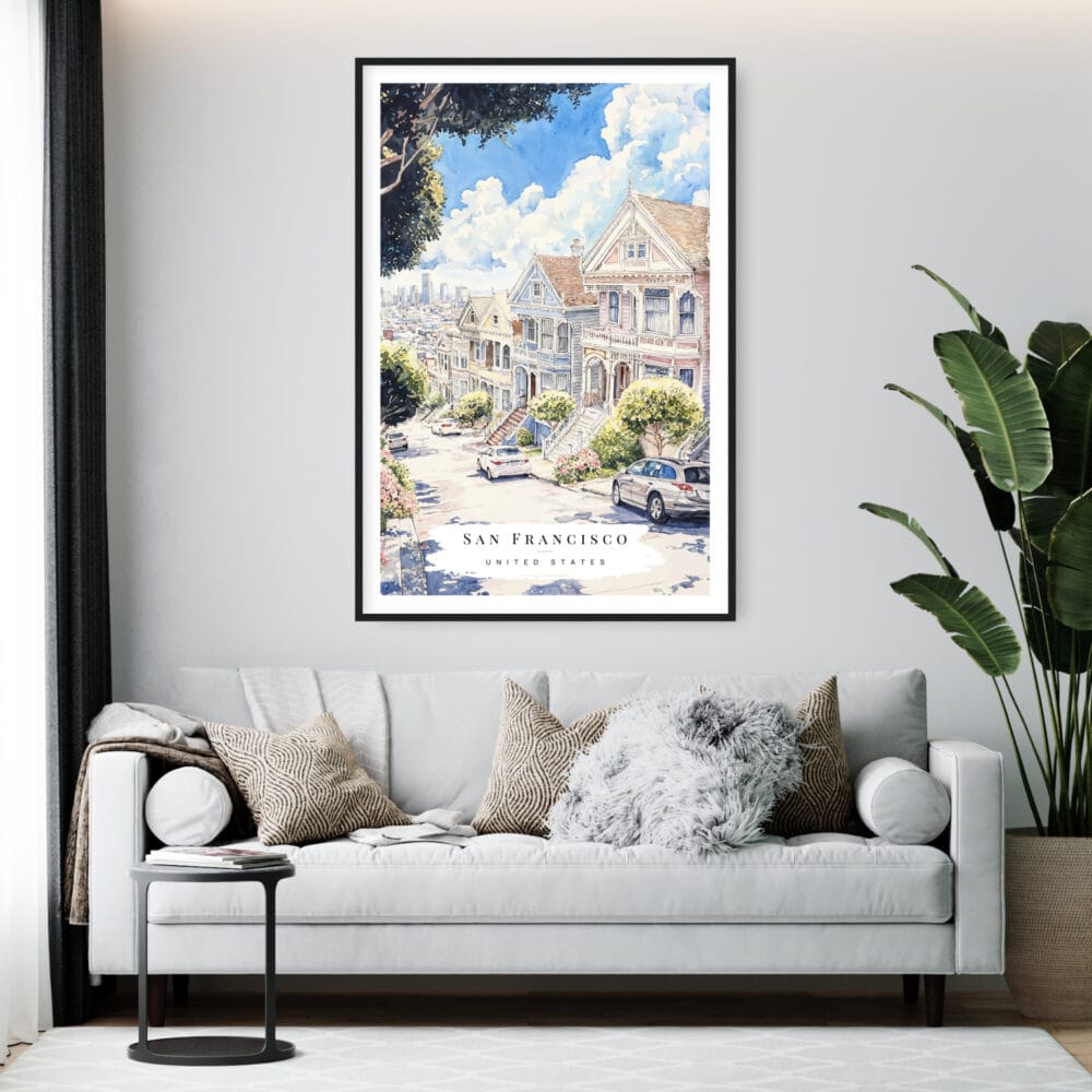 Framed San Francisco Painted Ladies Watercolor Wall Art - Living Room - Portrait Framed San Francisco Painted Ladies Watercolor Wall Art - Living Room - Portrait