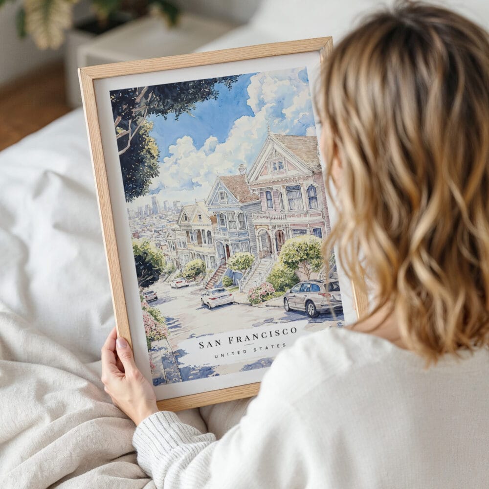 Framed San Francisco Painted Ladies Watercolor Wall Art - Woman Holding - Portrait Framed San Francisco Painted Ladies Watercolor Wall Art - Woman Holding - Portrait