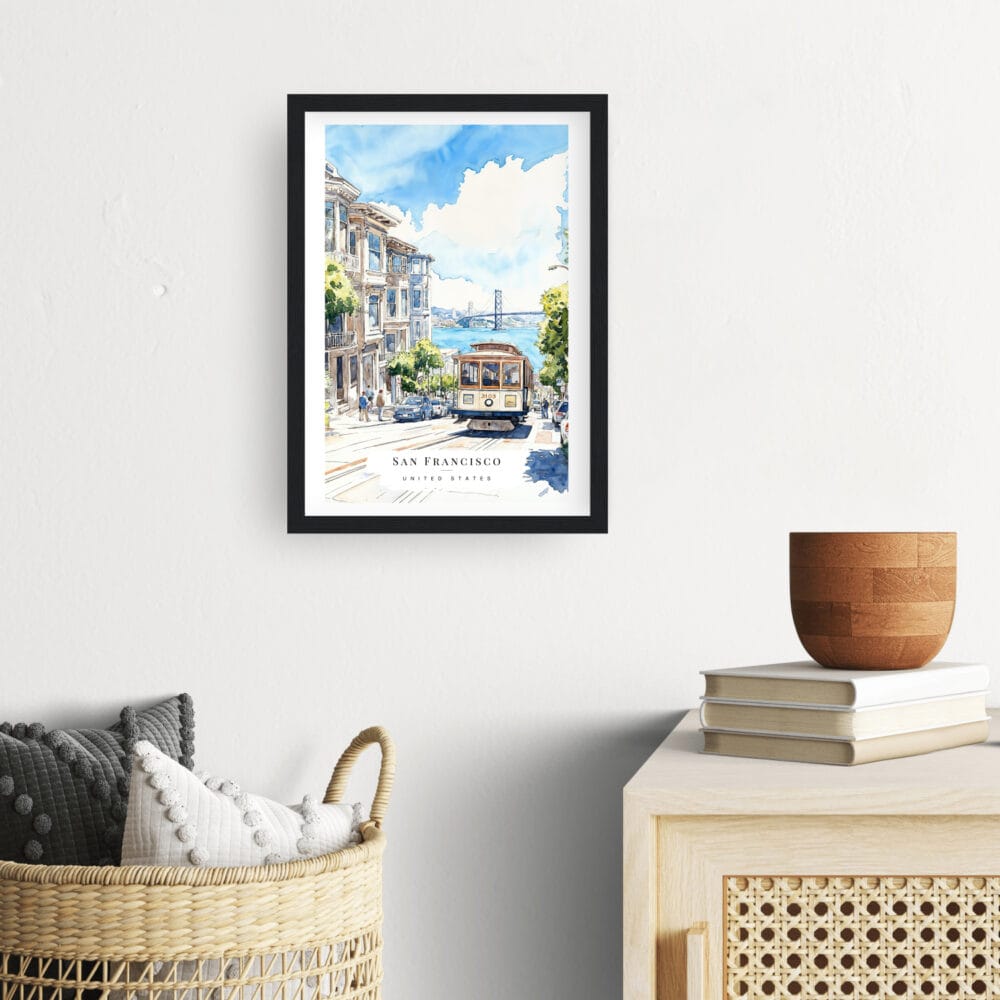 Framed San Francisco Tram Watercolor Wall Art - Hallway - Portrait Framed San Francisco Tram Watercolor Wall Art - Hallway - Portrait