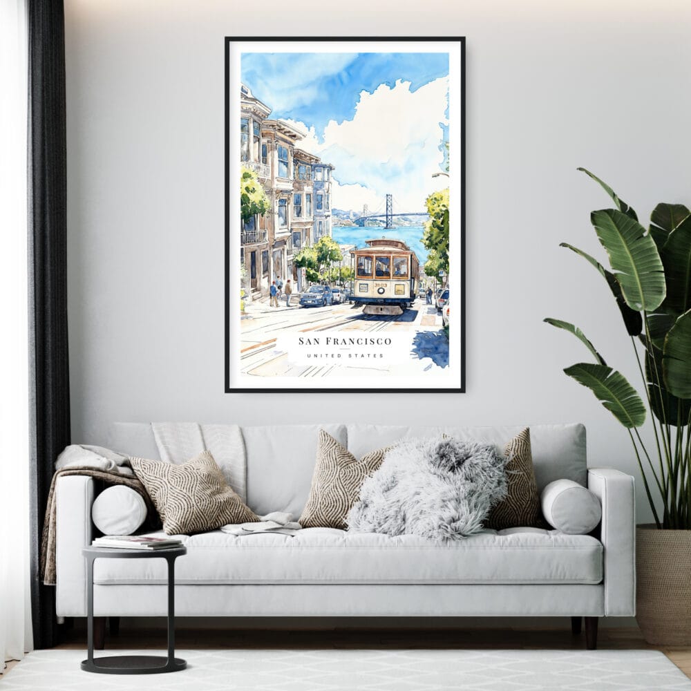 Framed San Francisco Tram Watercolor Wall Art - Living Room - Portrait Framed San Francisco Tram Watercolor Wall Art - Living Room - Portrait