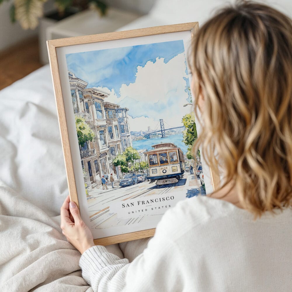 Framed San Francisco Tram Watercolor Wall Art - Woman Holding - Portrait Framed San Francisco Tram Watercolor Wall Art - Woman Holding - Portrait