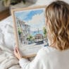 Framed San Francisco Tram Watercolor Wall Art - Woman Holding - Portrait