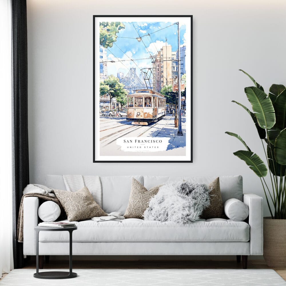 Framed San Francisco Watercolor Wall Art - Living Room - Portrait Framed San Francisco Watercolor Wall Art - Living Room - Portrait