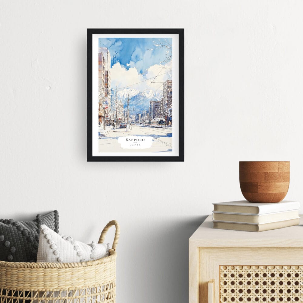 Framed Sapporo Japan Watercolor Wall Art - Hallway - Portrait Framed Sapporo Japan Watercolor Wall Art - Hallway - Portrait