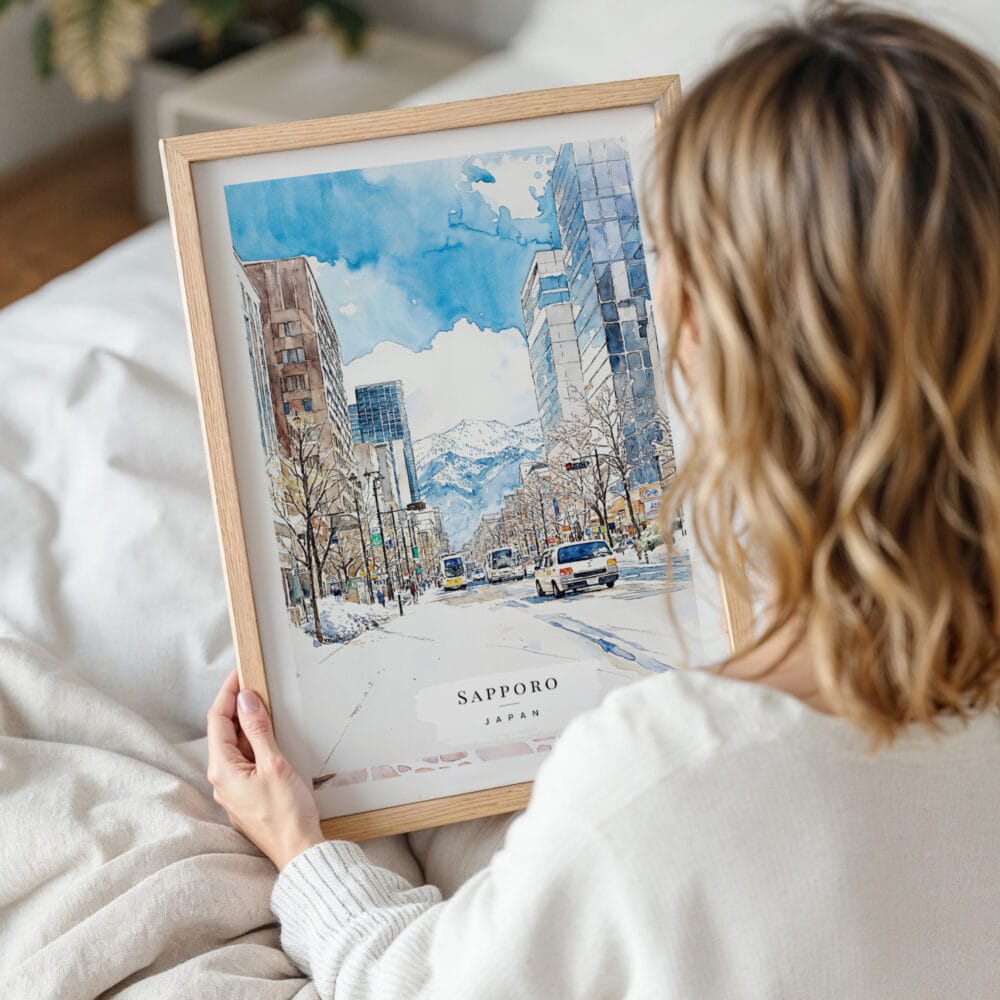 Framed Sapporo Watercolor Wall Art - Woman Holding - Portrait Framed Sapporo Watercolor Wall Art - Woman Holding - Portrait