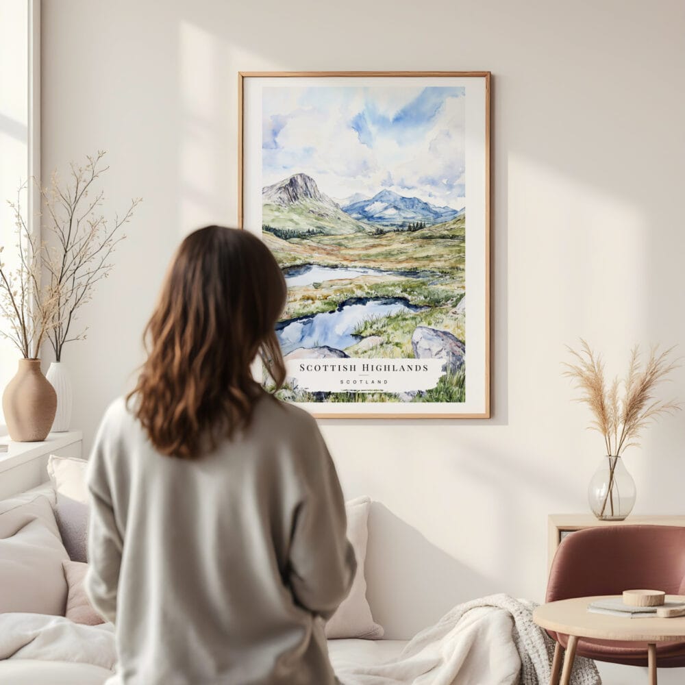 Framed Scottish Highlands Watercolor Wall Art - In Living Room with Woman Looking at it - Portrait Framed Scottish Highlands Watercolor Wall Art - In Living Room with Woman Looking at it - Portrait