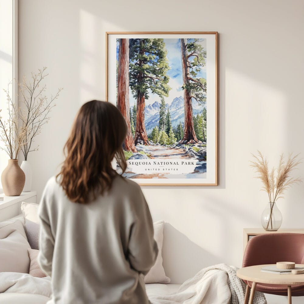 Framed Sequoia California Watercolor Wall Art - In Living Room with Woman Looking at it - Portrait Framed Sequoia California Watercolor Wall Art - In Living Room with Woman Looking at it - Portrait