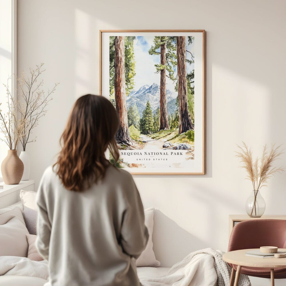 Framed Sequoia National Park Watercolor Wall Art - In Living Room with Woman Looking at it - Portrait Framed Sequoia National Park Watercolor Wall Art - In Living Room with Woman Looking at it - Portrait
