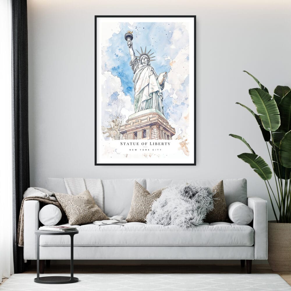 Framed Statue of Liberty Watercolor Wall Art - Living Room - Portrait Framed Statue of Liberty Watercolor Wall Art - Living Room - Portrait