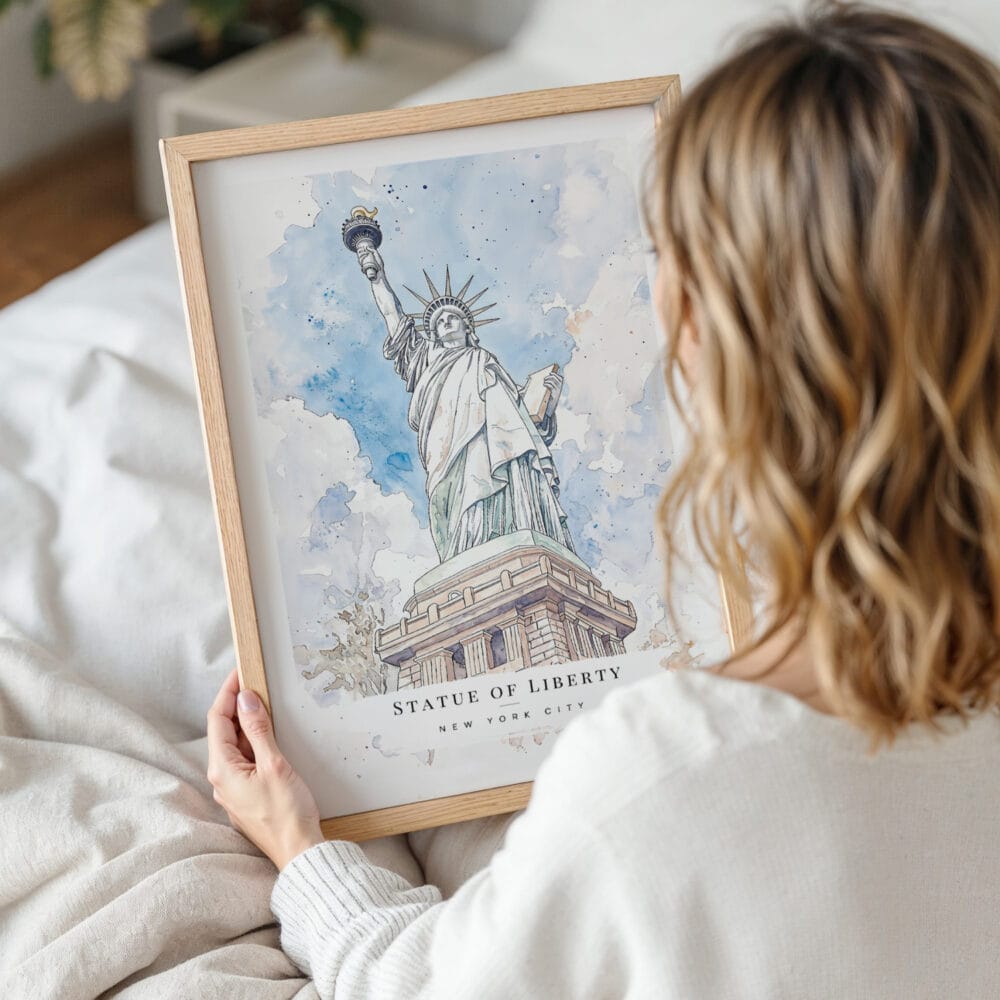 Framed Statue of Liberty Watercolor Wall Art - Woman Holding - Portrait Framed Statue of Liberty Watercolor Wall Art - Woman Holding - Portrait
