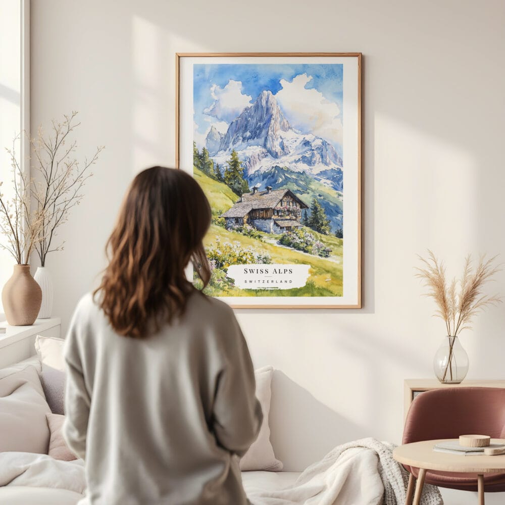 Framed Swiss Alps Watercolor Wall Art - In Living Room with Woman Looking at it - Portrait Framed Swiss Alps Watercolor Wall Art - In Living Room with Woman Looking at it - Portrait