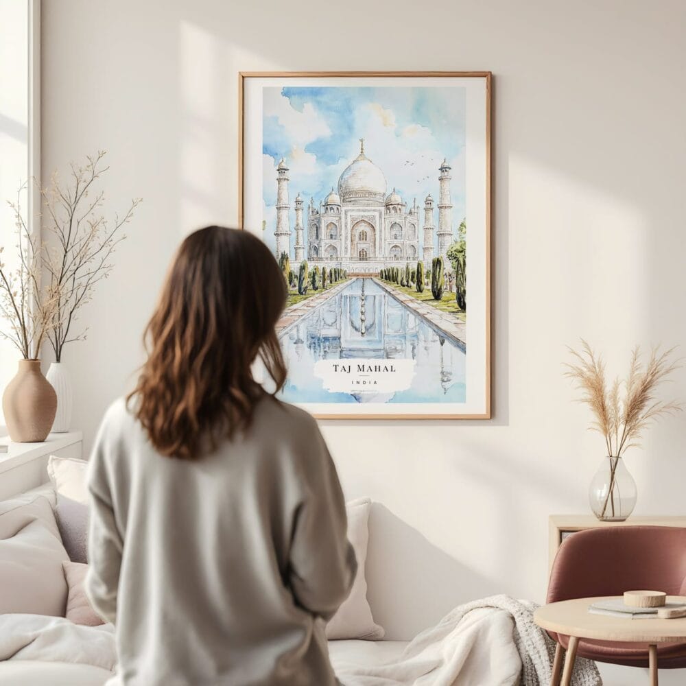 Framed Taj Mahal India Watercolor Wall Art - In Living Room with Woman Looking at it - Portrait Framed Taj Mahal India Watercolor Wall Art - In Living Room with Woman Looking at it - Portrait