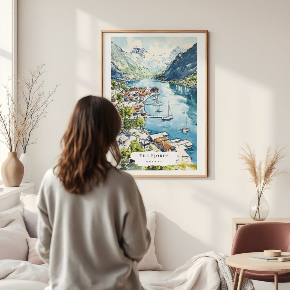 Framed The Fjords Watercolor Wall Art - In Living Room with Woman Looking at it - Portrait Framed The Fjords Watercolor Wall Art - In Living Room with Woman Looking at it - Portrait
