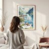 Framed The Fjords Watercolor Wall Art - In Living Room with Woman Looking at it - Portrait