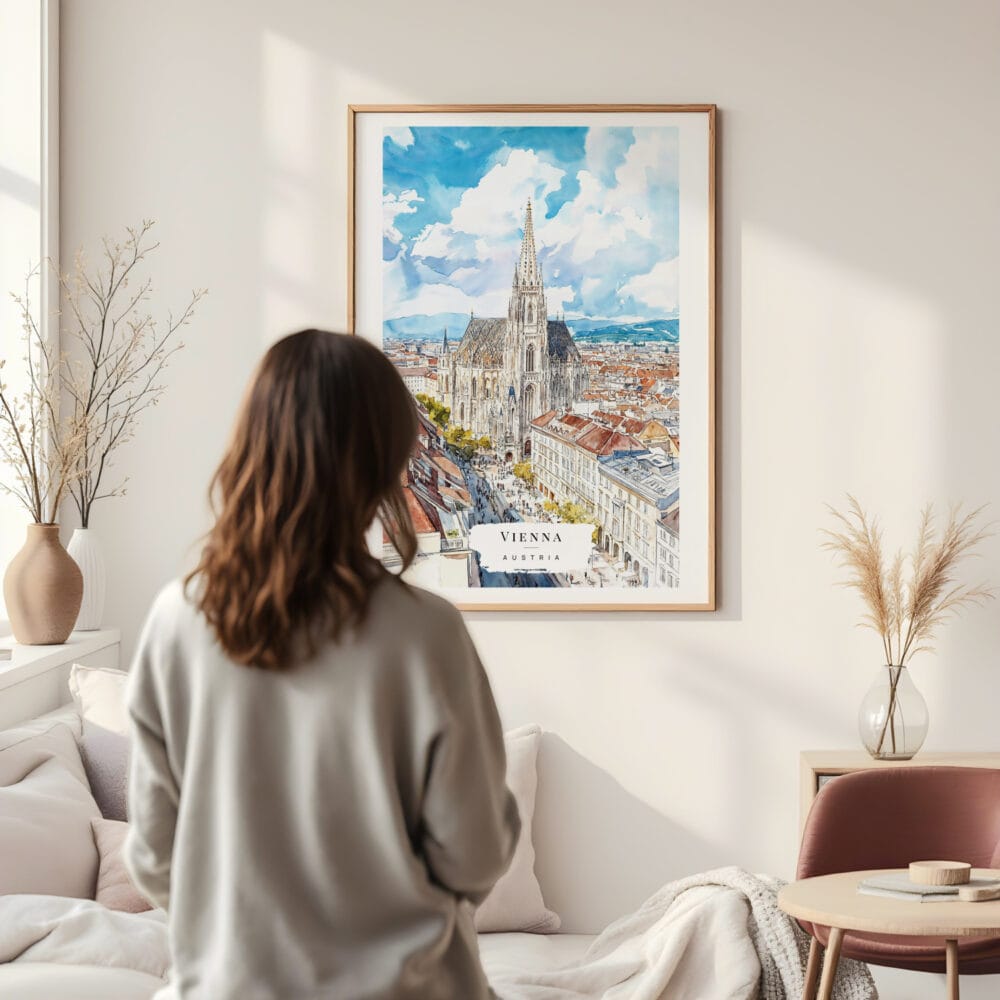 Framed Vienna Watercolor Wall Art - In Living Room with Woman Looking at it - Portrait Framed Vienna Watercolor Wall Art - In Living Room with Woman Looking at it - Portrait