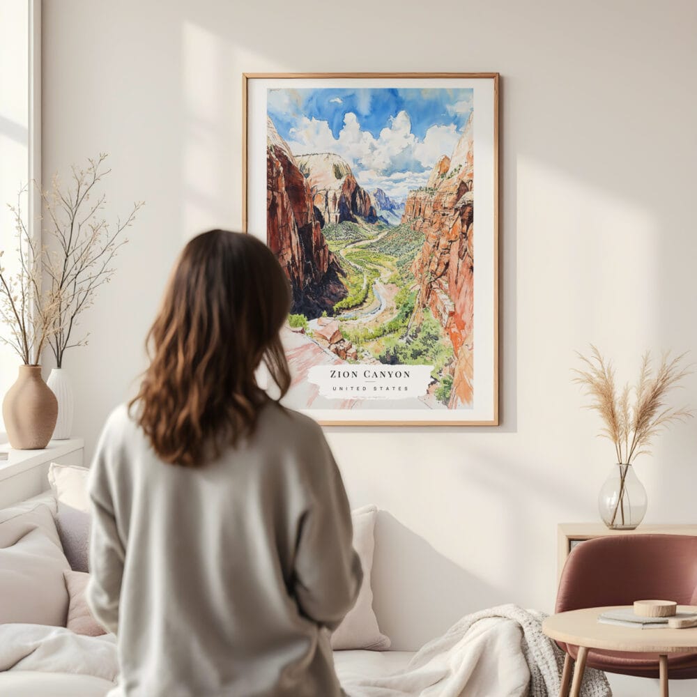 Framed Zion Canyon Watercolor Wall Art - In Living Room with Woman Looking at it - Portrait Framed Zion Canyon Watercolor Wall Art - In Living Room with Woman Looking at it - Portrait
