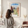 Framed Zion Canyon Watercolor Wall Art - In Living Room with Woman Looking at it - Portrait