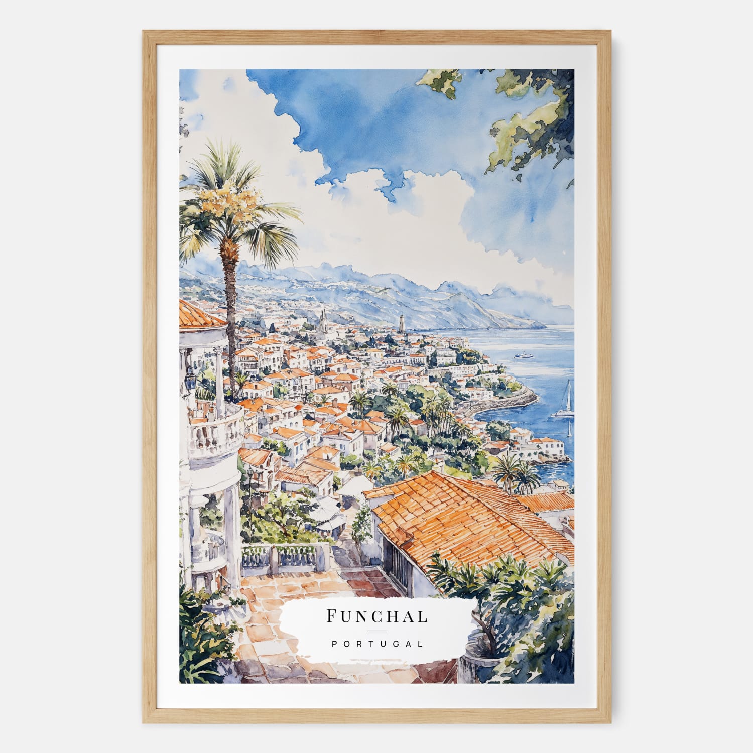 Funchal Portugal Watercolor Painting – Serene Portugal Landscape Art Print