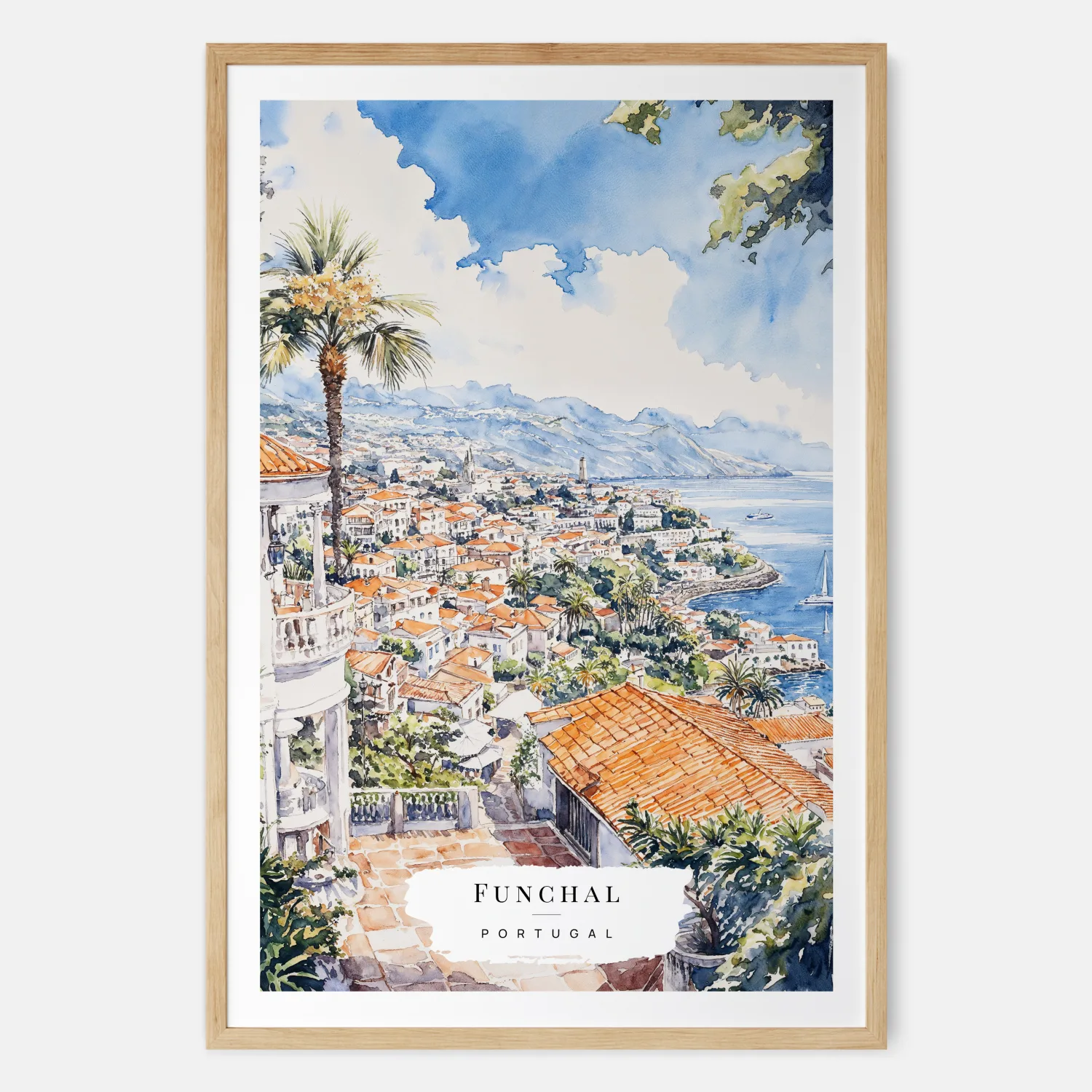 Funchal Portugal Watercolor Painting - Serene Portugal Landscape Art Print